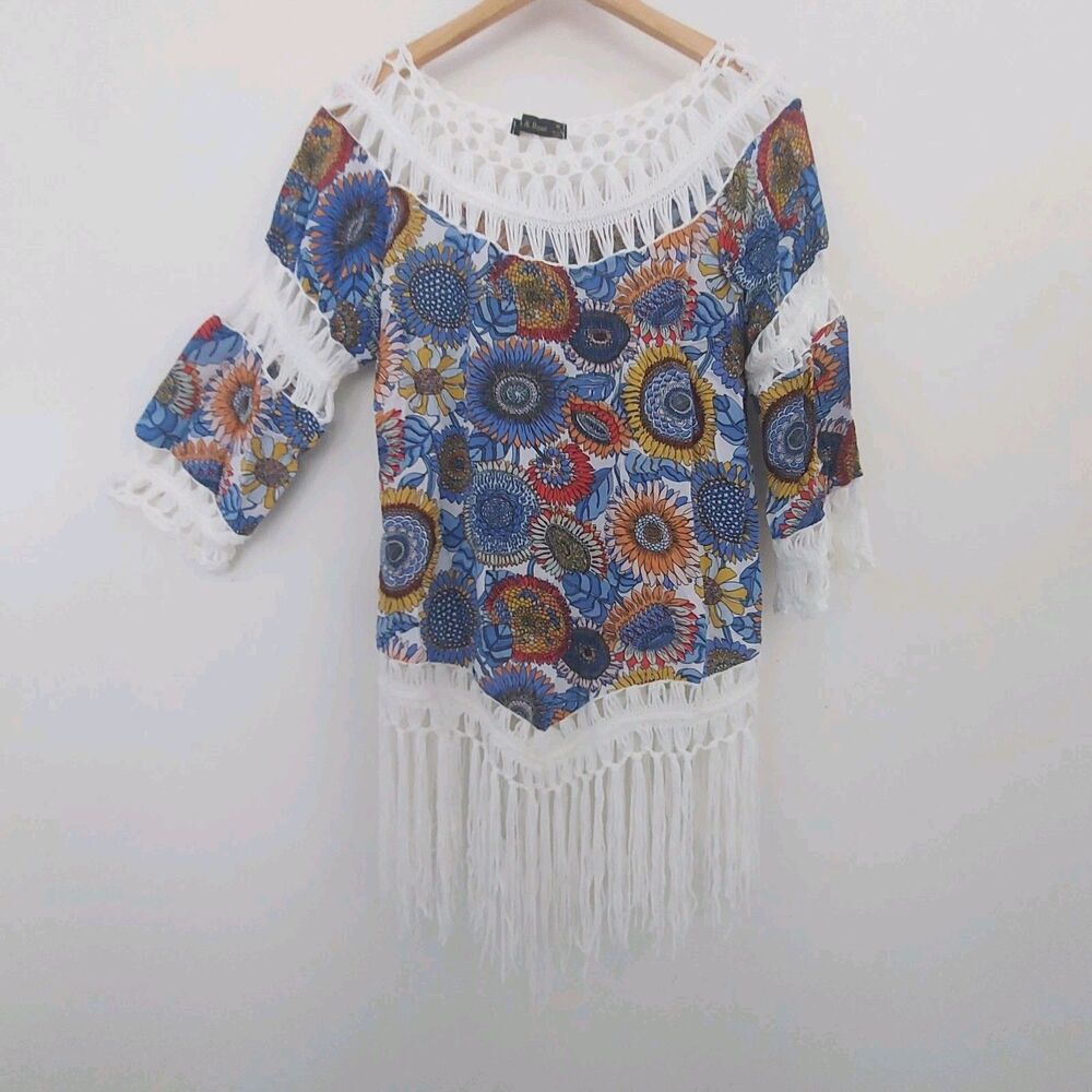 Ana & Rose Top Medium Blue Floral Crochet Fringe Sunflower Boho Blouse